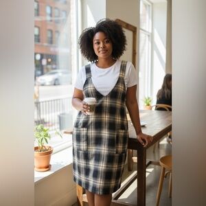 Black Tan Plaid Jumper Dress XL Sleeveless V Neck Pockets